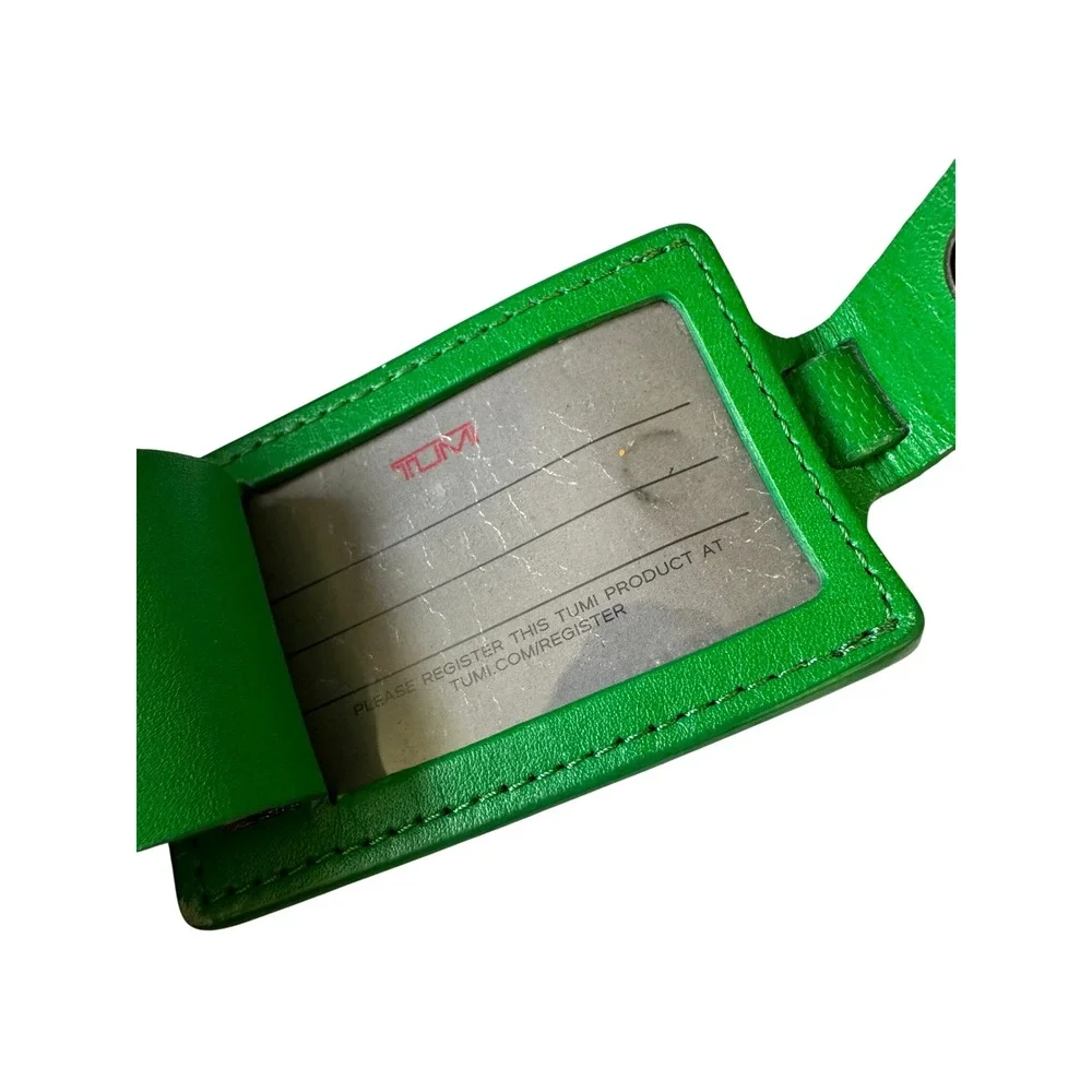 TUMI Green Textured Leather Luggage Tag Buckle Strap ID Window Travel KC